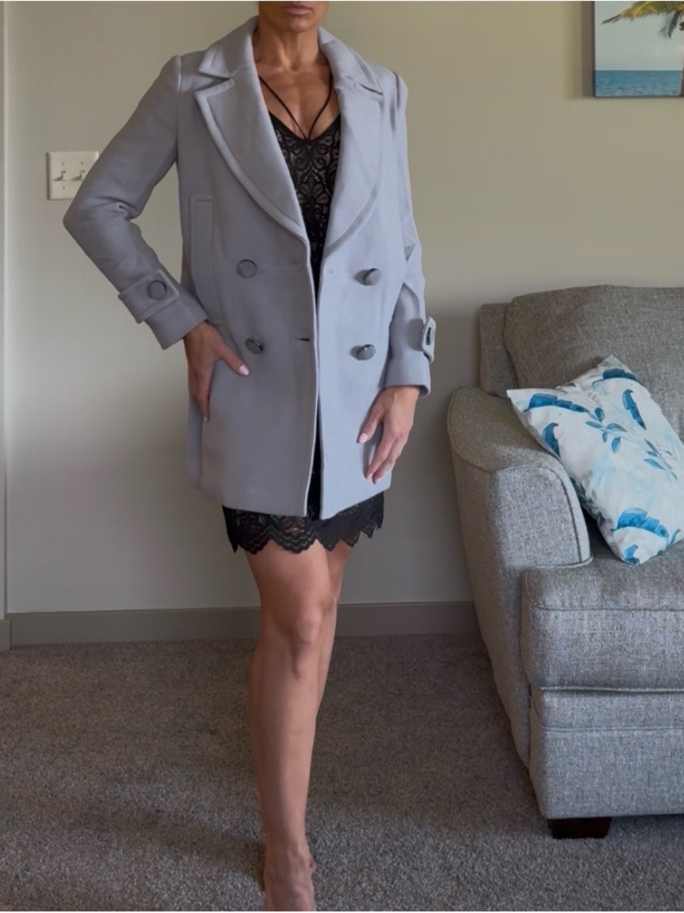 NWOT Women's Double-Breasted Light Gray Wool-Blend Pea Coat
